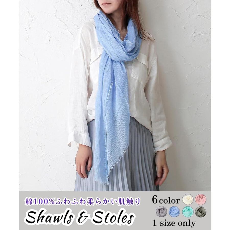 ショール 大判 ストール レディース 綿100% コットン UVカット 薄手 無地 柔らかい 結婚式 冷房対策 贈り物 母親(ブルー) - 画像 (2)