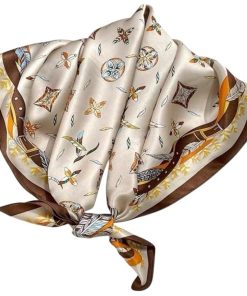 大判 きれいめ シルク調 スカーフ レディス バンダナ プレゼント 70x70cm 大判バンダナ レディース(ブラウン　フェザー)