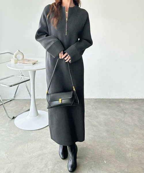 GeeRA ワンピース 「新色追加/S-LLサイズ」前後2WAYハーフジップニットワンピース - 画像 (4)