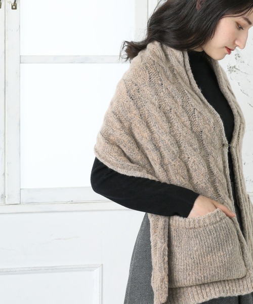 QUEENHEAD ストール マフラー ポケット付きケーブルニットストール レディース メンズ - 画像 (9)