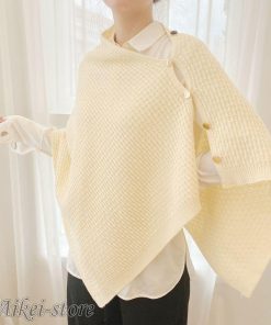 ストール ボタン付き レディース 女性用 ニット 大判 ポンチョ風 カーディガン風 羽織り 無地 冷房対策 防寒対策 おしゃれ シンプル