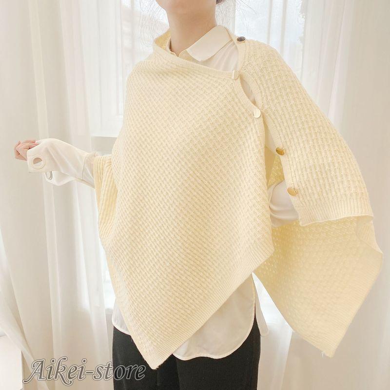 ストール ボタン付き レディース 女性用 ニット 大判 ポンチョ風 カーディガン風 羽織り 無地 冷房対策 防寒対策 おしゃれ シンプル