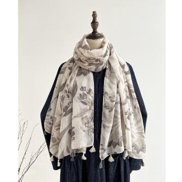 春夏ストール ボタニカル柄 大判 レディース ベージュ グレー 薄手 花柄 草木 新品 スカーフ おしゃれ 海外