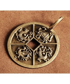 真鍮 キーホルダー(四神)コイン ブラス 青龍 白虎 朱雀 玄武 龍 亀 蛇 キーリング チャーム フィギュア 二重カン キーチェーン