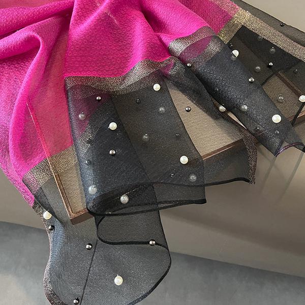 送料無料 シースルー無地 パールビーズ付 大判ストール スカーフ 90566m - 画像 (2)