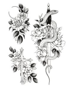 タトゥーシール 蛇 クロス 薔薇 剣 hb308【中型・A5】