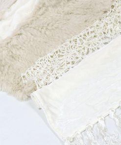 ラビット ファー 編み込み ベルベット ストール フリンジ付 ホワイト