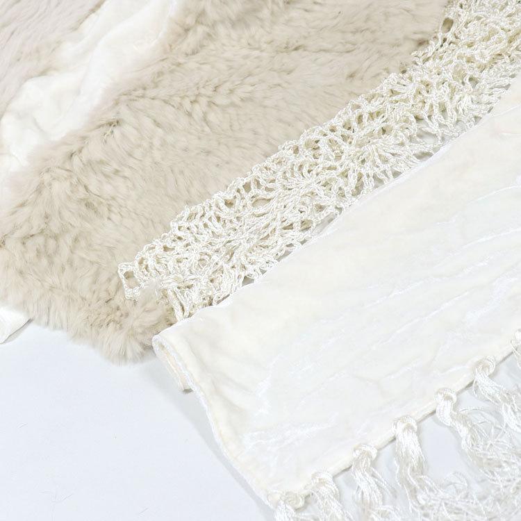 ラビット ファー 編み込み ベルベット ストール フリンジ付 ホワイト