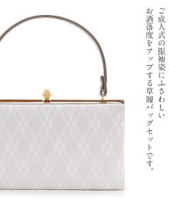 Kisste 草履バッグセット 成人式 振袖用 成人用 フリー LL グレージュ メタリック アーガイル 花菱 帯地 エナメル 3枚芯 POINT