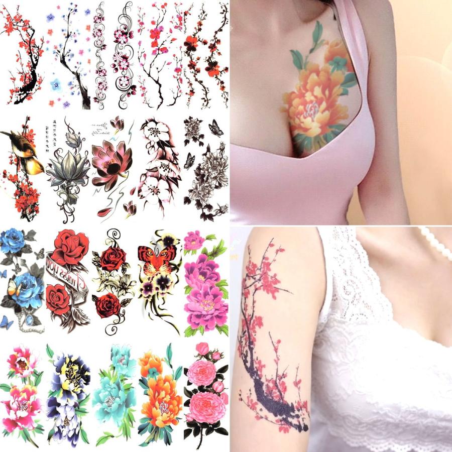 タトゥーシール 花 腕 足 脚 肩 彩り鮮やか 縦長 リアル 防水 長持ち 693 - 画像 (2)