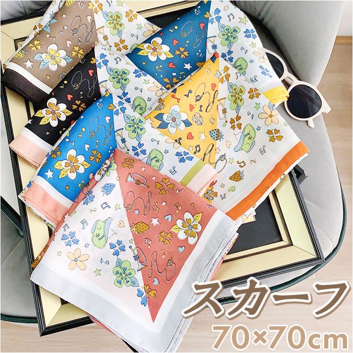 ☆ ブラウン スカーフ 花模様 pmyscf03 レディース 70cm サテン 正方形 ストール バンダナ リボン 大判 ヘアアクセサリー - 画像 (2)