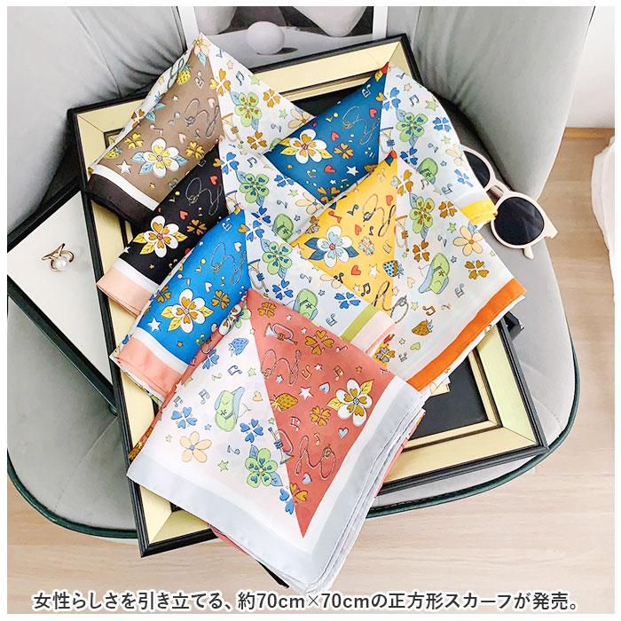 ☆ ブラウン スカーフ 花模様 pmyscf03 レディース 70cm サテン 正方形 ストール バンダナ リボン 大判 ヘアアクセサリー - 画像 (3)