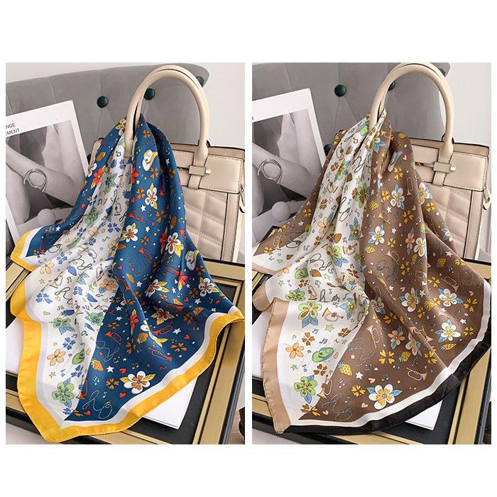 ☆ ブラウン スカーフ 花模様 pmyscf03 レディース 70cm サテン 正方形 ストール バンダナ リボン 大判 ヘアアクセサリー - 画像 (5)