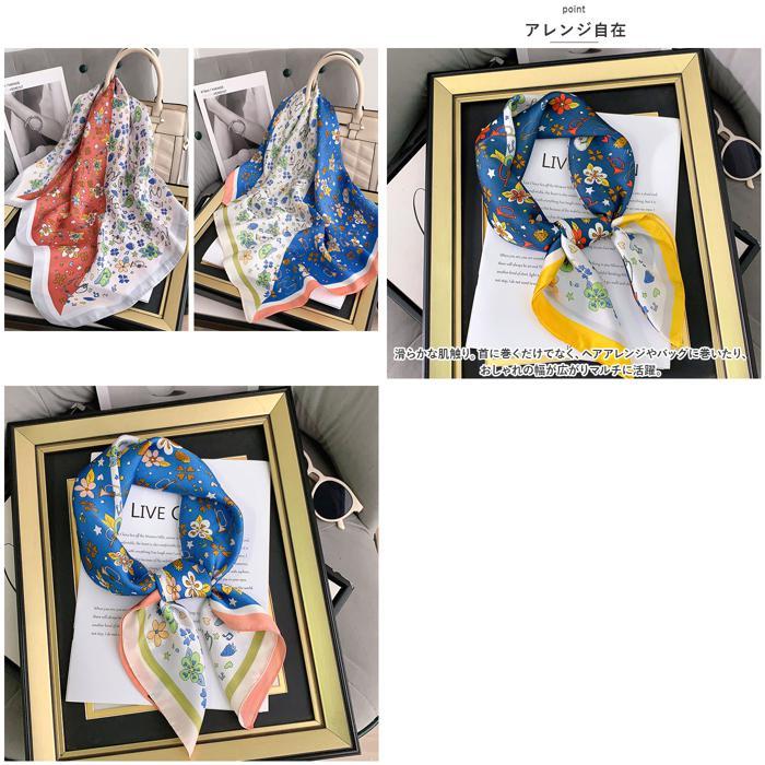 ☆ ブラウン スカーフ 花模様 pmyscf03 レディース 70cm サテン 正方形 ストール バンダナ リボン 大判 ヘアアクセサリー - 画像 (6)