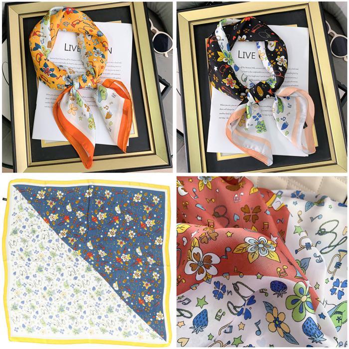 ☆ ブラウン スカーフ 花模様 pmyscf03 レディース 70cm サテン 正方形 ストール バンダナ リボン 大判 ヘアアクセサリー - 画像 (7)