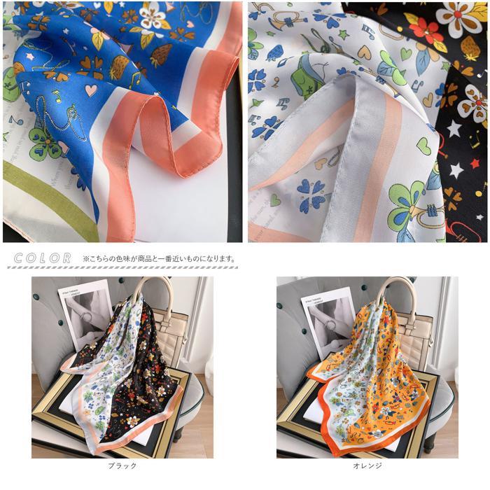 ☆ ブラウン スカーフ 花模様 pmyscf03 レディース 70cm サテン 正方形 ストール バンダナ リボン 大判 ヘアアクセサリー - 画像 (8)