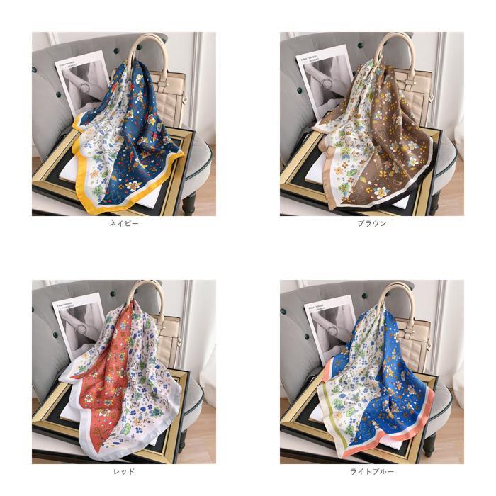 ☆ ブラウン スカーフ 花模様 pmyscf03 レディース 70cm サテン 正方形 ストール バンダナ リボン 大判 ヘアアクセサリー - 画像 (9)