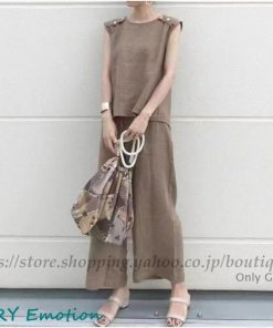 セットアップ レディース 夏 春 Tシャツ ブラウス 袖なし ノースリーブ カジュアル ワイドパンツ 無地 きれいめ ロングパンツ 体型カバー 着痩せ