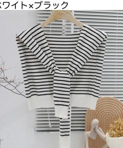 plusnao ストール ショール 肩掛け ニット 羽織り カーディガン風 フェイクカーディガン レディース 女性 ボーダー柄 縞 プロデューサー巻き風 冷え予防 か