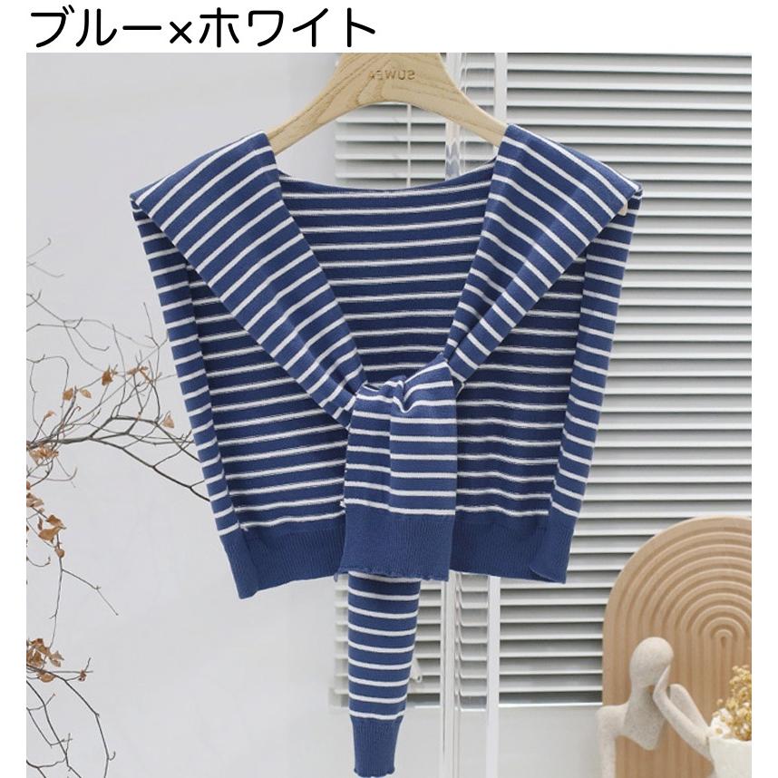 plusnao ストール ショール 肩掛け ニット 羽織り カーディガン風 フェイクカーディガン レディース 女性 ボーダー柄 縞 プロデューサー巻き風 冷え予防 か - 画像 (3)