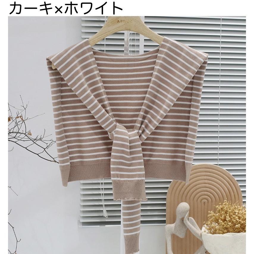 plusnao ストール ショール 肩掛け ニット 羽織り カーディガン風 フェイクカーディガン レディース 女性 ボーダー柄 縞 プロデューサー巻き風 冷え予防 か - 画像 (4)