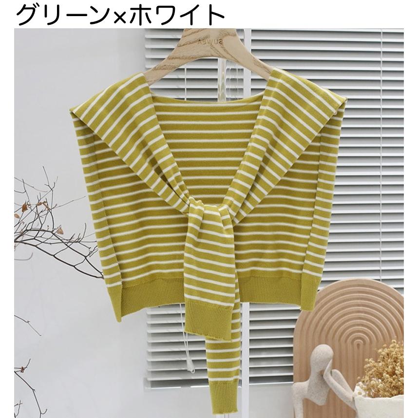 plusnao ストール ショール 肩掛け ニット 羽織り カーディガン風 フェイクカーディガン レディース 女性 ボーダー柄 縞 プロデューサー巻き風 冷え予防 か - 画像 (6)