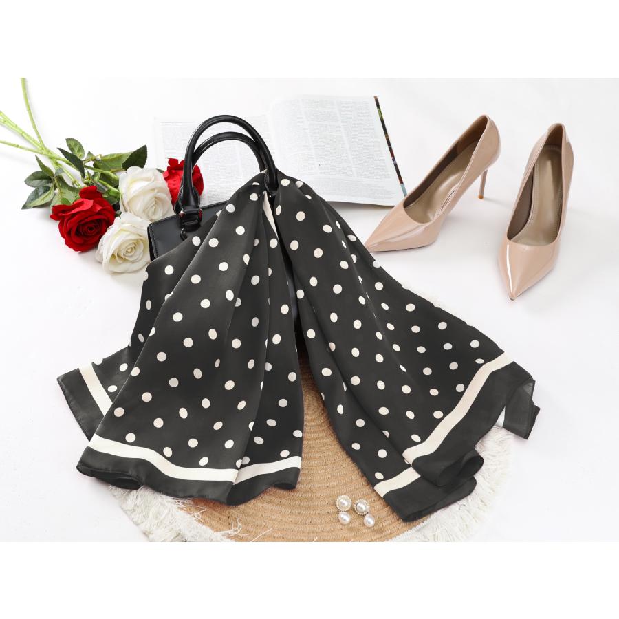 uxcell Elerevyo スカーフ 女性 水玉模様 大判 サテン 90x90cm シルクのような スクエア ネッカチーフ ブラック - 画像 (5)