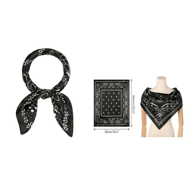 Elerevyo スクエアスカーフ 女性 サテン 90x90cm シルクのような ヘアスカーフバンダナ ブラック