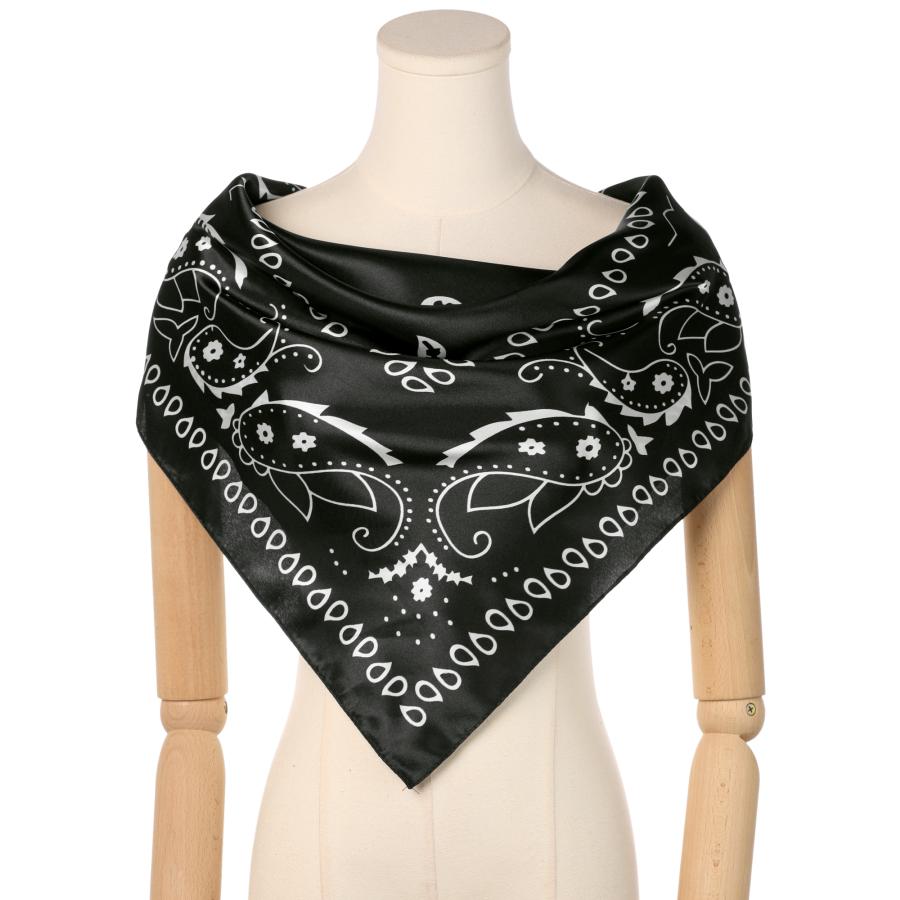 Elerevyo スクエアスカーフ 女性 サテン 90x90cm シルクのような ヘアスカーフバンダナ ブラック - 画像 (2)