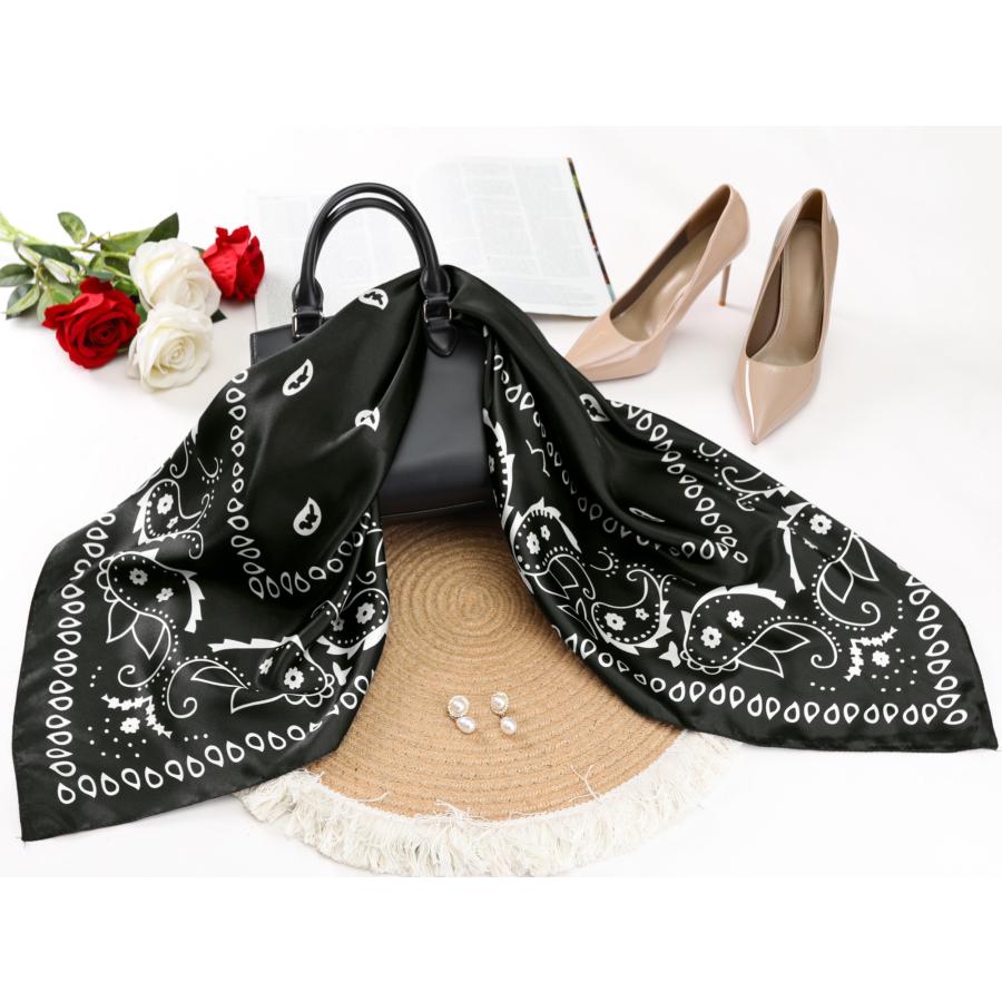 Elerevyo スクエアスカーフ 女性 サテン 90x90cm シルクのような ヘアスカーフバンダナ ブラック - 画像 (5)