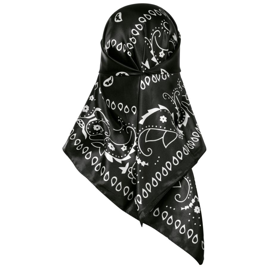 Elerevyo スクエアスカーフ 女性 サテン 90x90cm シルクのような ヘアスカーフバンダナ ブラック - 画像 (6)