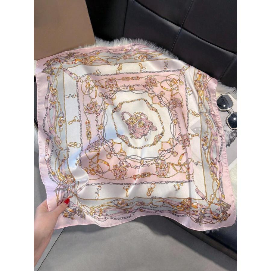 アクセサリー レディース スカーフ 1個 フェイクシルク金属チェーン プリント バンダナ レディース用、多目的スカーフ/ヘッドラッ