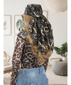 アクセサリー レディース スカーフ 1個 ライトウェイト スクエアスカーフ、ファッション ブラックチェーン柄 ビーチヘ