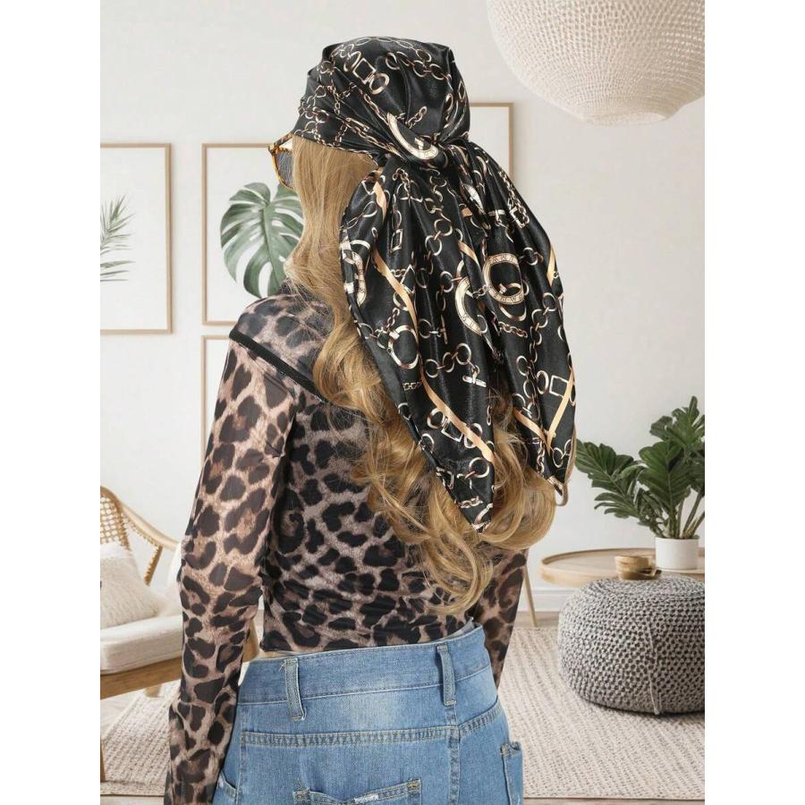 アクセサリー レディース スカーフ 1個 ライトウェイト スクエアスカーフ、ファッション ブラックチェーン柄 ビーチヘ