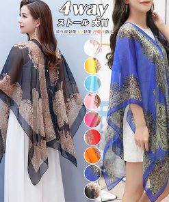 ストール 大判 シフォン ポンチョ レディース ショール 4way 肩掛け エスニック柄 ポンチョコート 薄手