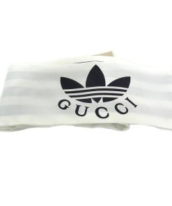 GUCCI グッチ　GUCCI　ネックボウ　スカーフ アディダスコラボ　ロゴ　ストライプ 703568 3G001　シルク　白/黒 【中古】【程度A】【美品】